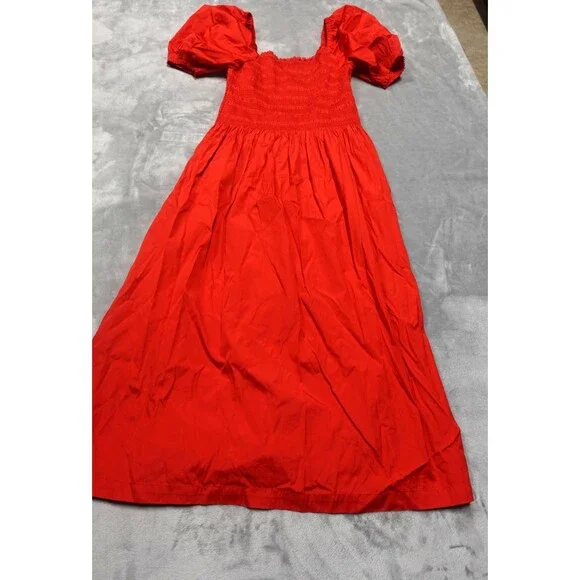 Madewell Women's Size Medium Cerise Red Smocked Poplin Puff Sleeve Midi Dress - Picture 1 of 7
